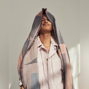 Madewell Scarf Kantha Style Blue Pink Embroidered